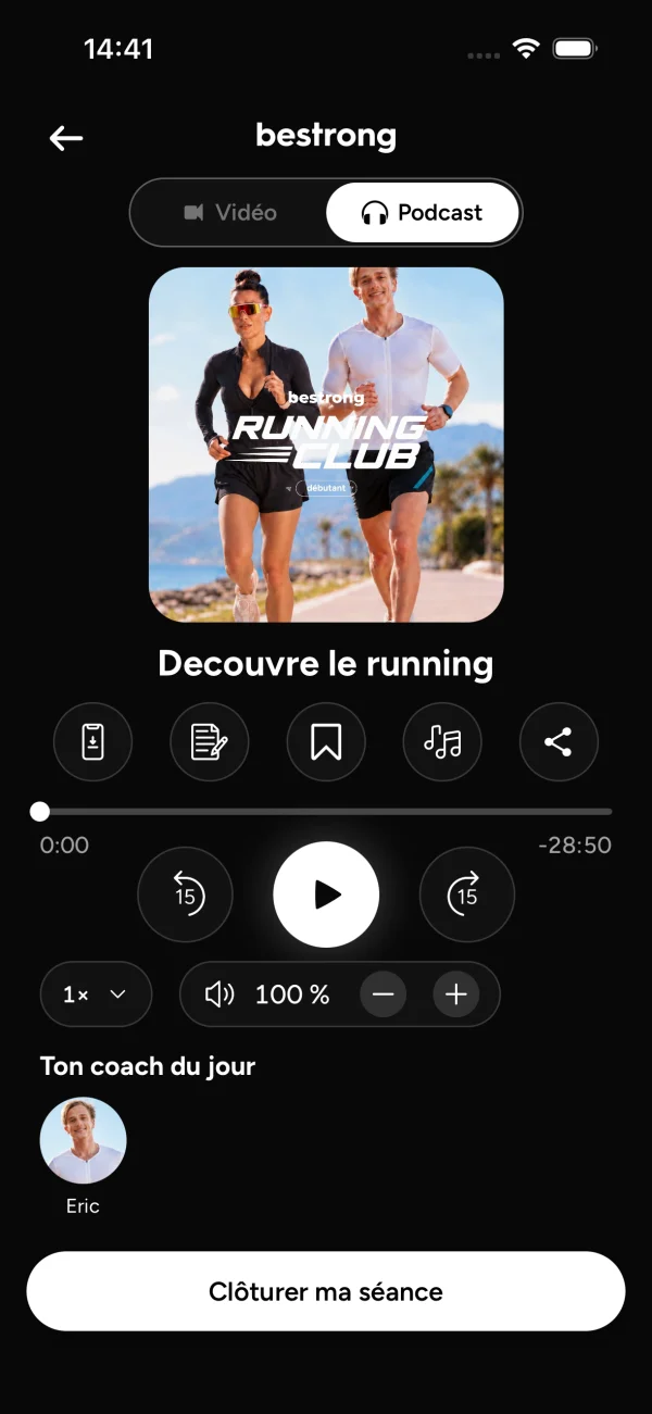 Le lecteur podcast de l’app Bestrong pour la séance Découvre le running